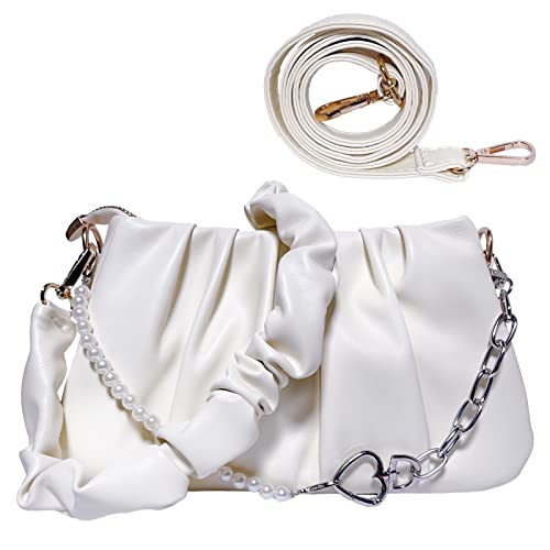 Lioying White Small Shoulder Bags for women, White Chain Clutch Purses Hobo bags Dumpling Bags Crossbody Handbag Bag with Adjustable Strap for Lady Girl