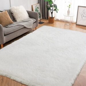 HOMBYS 9x12 Faux Fur Sheepskin Area Rug for Living Room Bedroom, Super Soft Fluffy Carpet White Plush Home Decoration, Fuzzy Room Decor