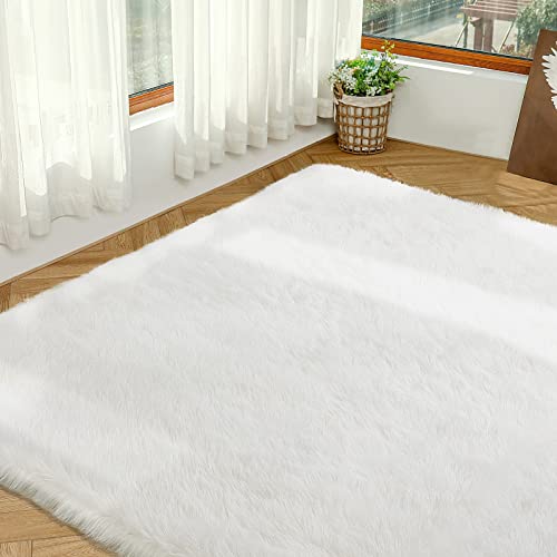 HOMBYS 9x12 Faux Fur Sheepskin Area Rug for Living Room Bedroom, Super Soft Fluffy Carpet White Plush Home Decoration, Fuzzy Room Decor