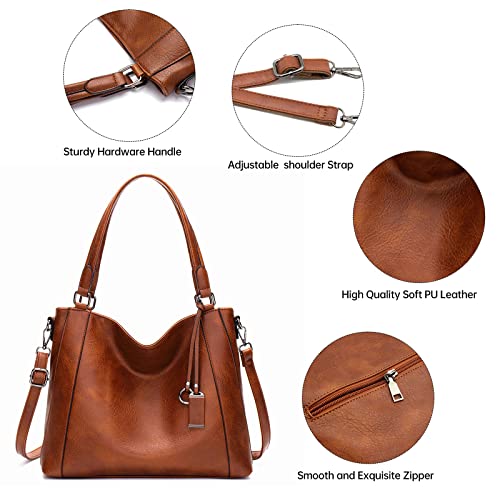 Long Keeper Vegan Leather Tote Handbags Women Large Capacity Hobo Shoulder Bag Crossbody Satchel Bags with Small Purse (Brown)