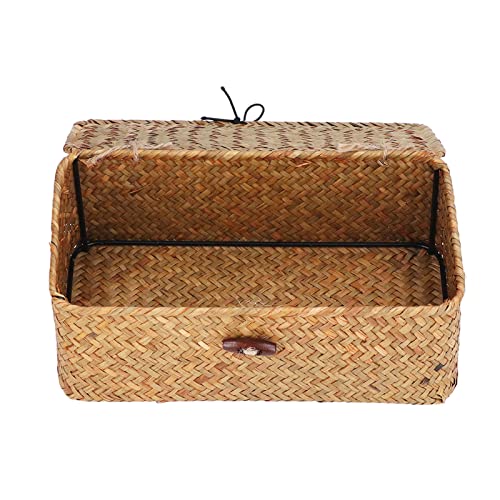 Yuehuamech Woven Storage Basket with Lid Natural Seagrass Organizer Box Rectangular Shelf Basket Bins Rattan Wicker Storage Case for Clothes Makeup Jewellery (S)