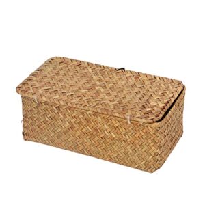 Yuehuamech Woven Storage Basket with Lid Natural Seagrass Organizer Box Rectangular Shelf Basket Bins Rattan Wicker Storage Case for Clothes Makeup Jewellery (S)