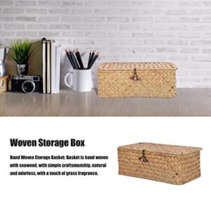 Yuehuamech Woven Storage Basket with Lid Natural Seagrass Organizer Box Rectangular Shelf Basket Bins Rattan Wicker Storage Case for Clothes Makeup Jewellery (S)