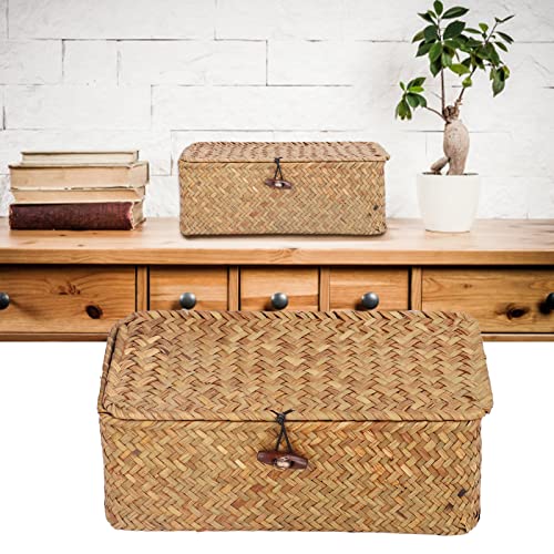 Yuehuamech Woven Storage Basket with Lid Natural Seagrass Organizer Box Rectangular Shelf Basket Bins Rattan Wicker Storage Case for Clothes Makeup Jewellery (S)