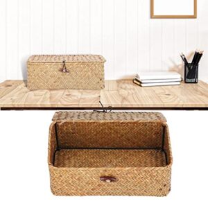 Yuehuamech Woven Storage Basket with Lid Natural Seagrass Organizer Box Rectangular Shelf Basket Bins Rattan Wicker Storage Case for Clothes Makeup Jewellery (S)