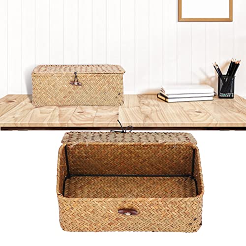 Yuehuamech Woven Storage Basket with Lid Natural Seagrass Organizer Box Rectangular Shelf Basket Bins Rattan Wicker Storage Case for Clothes Makeup Jewellery (S)