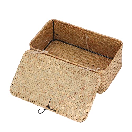 Yuehuamech Woven Storage Basket with Lid Natural Seagrass Organizer Box Rectangular Shelf Basket Bins Rattan Wicker Storage Case for Clothes Makeup Jewellery (S)