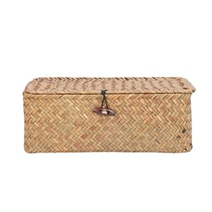 Yuehuamech Woven Storage Basket with Lid Natural Seagrass Organizer Box Rectangular Shelf Basket Bins Rattan Wicker Storage Case for Clothes Makeup Jewellery (S)