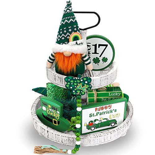 HARZBEKE St Patricks Day Decorations, 5Pcs St Patricks Day Tiered Tray Decor Set, lrish Shamrock Wooden Signs Plush Gnome, Farmhouse Bead Garland Tiered Tray Decor, St Patricks Day Decor for Home