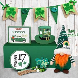 HARZBEKE St Patricks Day Decorations, 5Pcs St Patricks Day Tiered Tray Decor Set, lrish Shamrock Wooden Signs Plush Gnome, Farmhouse Bead Garland Tiered Tray Decor, St Patricks Day Decor for Home