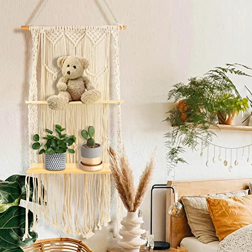 Macrame Wall Hanging Shelf, 2 Tier Boho Hanging Shelves for Wall, Floating Wood Shelves with Handmade Woven Rope for Small Plants, Books Photos, Bohemian Decor for Living Room, Bedroom, Bathroom