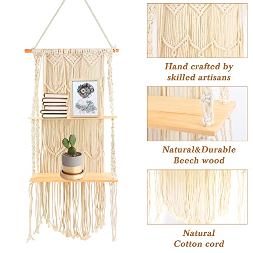 Macrame Wall Hanging Shelf, 2 Tier Boho Hanging Shelves for Wall, Floating Wood Shelves with Handmade Woven Rope for Small Plants, Books Photos, Bohemian Decor for Living Room, Bedroom, Bathroom