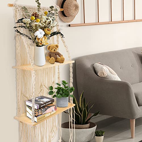 Macrame Wall Hanging Shelf, 2 Tier Boho Hanging Shelves for Wall, Floating Wood Shelves with Handmade Woven Rope for Small Plants, Books Photos, Bohemian Decor for Living Room, Bedroom, Bathroom