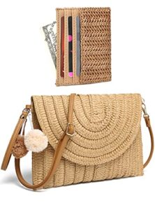 yikoee straw bag and card holder set for women summer beach purse woven bag with pompom