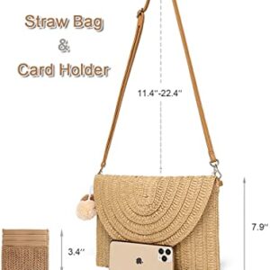 YIKOEE Straw Bag and Card Holder Set for Women Summer Beach Purse Woven Bag With PomPom