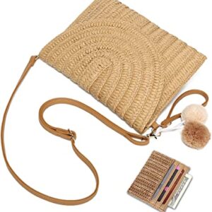 YIKOEE Straw Bag and Card Holder Set for Women Summer Beach Purse Woven Bag With PomPom