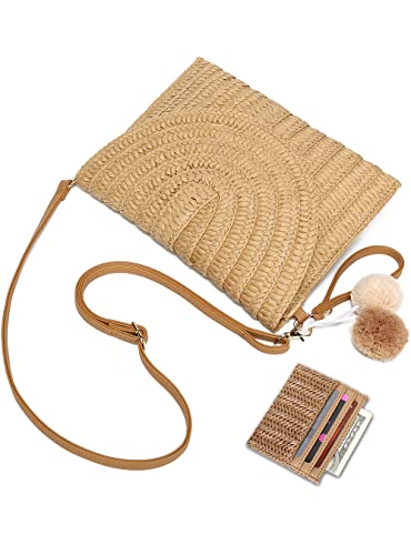 YIKOEE Straw Bag and Card Holder Set for Women Summer Beach Purse Woven Bag With PomPom