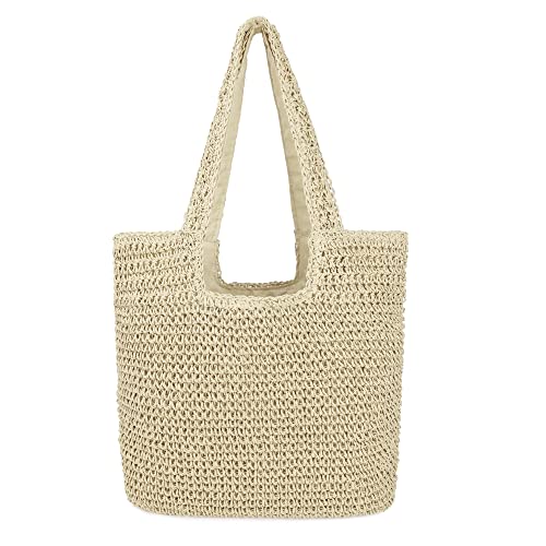 Women Large Straw Beach Bag Handmade Woven Shoulder Bags Hobo Tote Handbag Purse for Summer (A Beige)