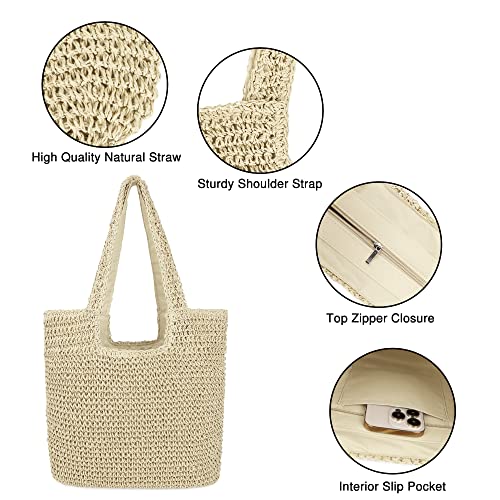 Women Large Straw Beach Bag Handmade Woven Shoulder Bags Hobo Tote Handbag Purse for Summer (A Beige)