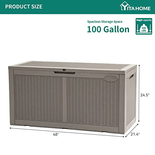 YITAHOME 100 Gallon Large Deck Box w/Storage Net, Resin Outdoor Storage Boxes, Waterproof Patio Cushion Storage Bench for Patio Furniture, Pool Supplies, Garden Tools- Rattan,Lockable (Light Brown)