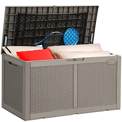 YITAHOME 100 Gallon Large Deck Box w/Storage Net, Resin Outdoor Storage Boxes, Waterproof Patio Cushion Storage Bench for Patio Furniture, Pool Supplies, Garden Tools- Rattan,Lockable (Light Brown)