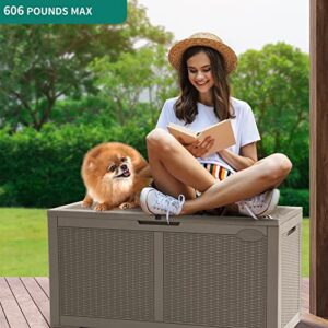 YITAHOME 100 Gallon Large Deck Box w/Storage Net, Resin Outdoor Storage Boxes, Waterproof Patio Cushion Storage Bench for Patio Furniture, Pool Supplies, Garden Tools- Rattan,Lockable (Light Brown)