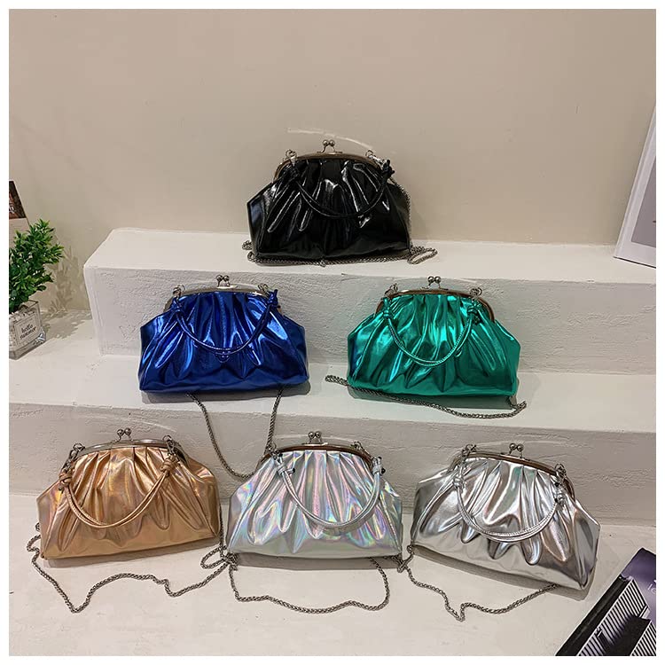 Naimo Glossy Leather Metallic Evening Bag Pleated Clutch Kiss Lock Purses Handbag Tote Crossbody Shoulder Bag