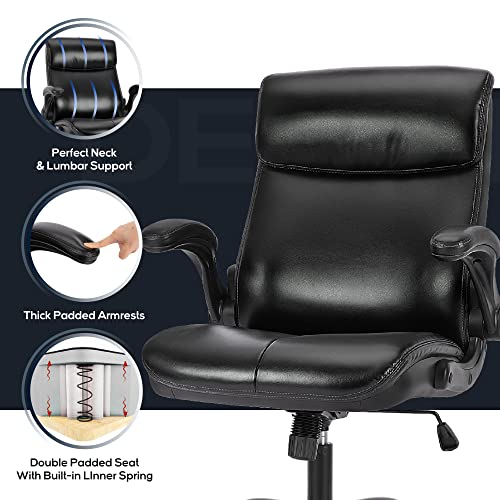 Executive Home Office Chair-Ergonomic Computer Desk Chair with Padded Flip-up Arms, Adjustable Height and Tilt, Soft Leather Office Chair Swivel Rolling for Adult Teens Working, Study, Gaming (Black)