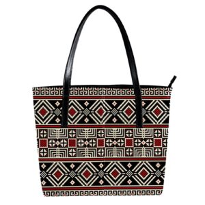 vintage ukrainian floral pattern tote bag for women girls, leather shoulder bag with inside pockets, zip top handbags