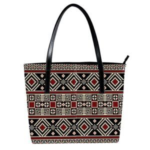 Vintage Ukrainian Floral Pattern Tote Bag for Women Girls, Leather Shoulder Bag with Inside Pockets, Zip Top Handbags