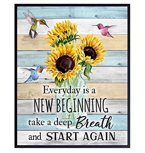 Inspirational Wall Art & Decor - New Beginnings Hummingbirds Sunflowers Rustic Boho Family Wall Art - Inspiration Saying Quotation - Positive Quotes Wall Decor - Encouragement Gifts for Women Woman