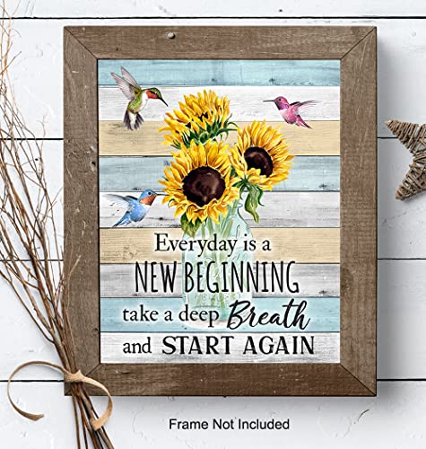 Inspirational Wall Art & Decor - New Beginnings Hummingbirds Sunflowers Rustic Boho Family Wall Art - Inspiration Saying Quotation - Positive Quotes Wall Decor - Encouragement Gifts for Women Woman