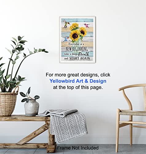 Inspirational Wall Art & Decor - New Beginnings Hummingbirds Sunflowers Rustic Boho Family Wall Art - Inspiration Saying Quotation - Positive Quotes Wall Decor - Encouragement Gifts for Women Woman