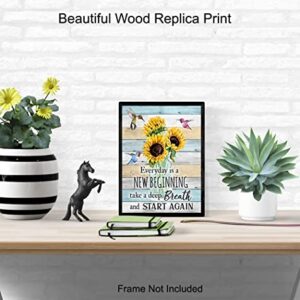 Inspirational Wall Art & Decor - New Beginnings Hummingbirds Sunflowers Rustic Boho Family Wall Art - Inspiration Saying Quotation - Positive Quotes Wall Decor - Encouragement Gifts for Women Woman