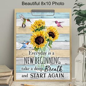 Inspirational Wall Art & Decor - New Beginnings Hummingbirds Sunflowers Rustic Boho Family Wall Art - Inspiration Saying Quotation - Positive Quotes Wall Decor - Encouragement Gifts for Women Woman