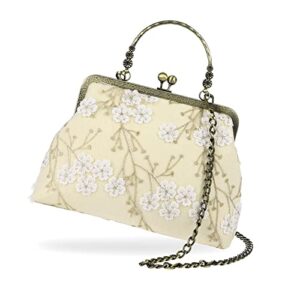 floral top-handle handbag, kiss lock evening bag for women, vintage purse with chain, women’s retro clutch bag for party（3d-flower）