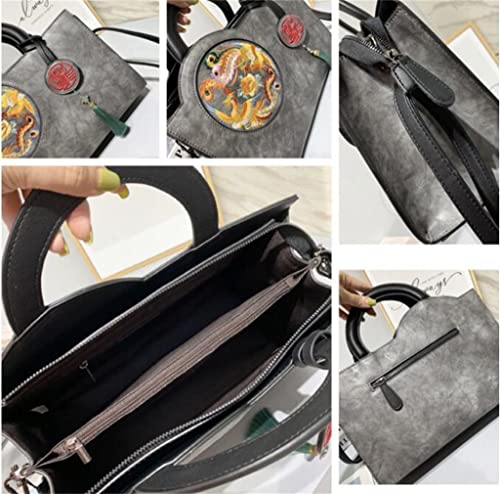 DANN Winter Women's Tote Bag Chinese Style Retro Handbag Large Capacity Women's Shoulder Bag (Color : Gray, Size : 32(L)*24(H)*14(W) cm)