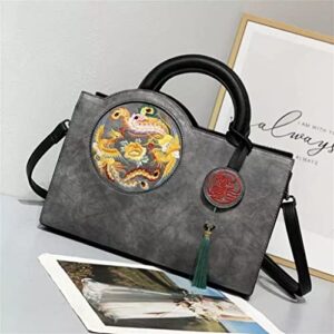 DANN Winter Women's Tote Bag Chinese Style Retro Handbag Large Capacity Women's Shoulder Bag (Color : Gray, Size : 32(L)*24(H)*14(W) cm)