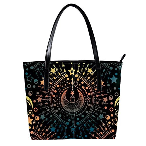 Tote Shoulder Bag for Women, Large Leather Handbags for Travel Work Beach Outdoors Magical Star Moon Astrology Alchemy