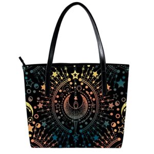 Tote Shoulder Bag for Women, Large Leather Handbags for Travel Work Beach Outdoors Magical Star Moon Astrology Alchemy