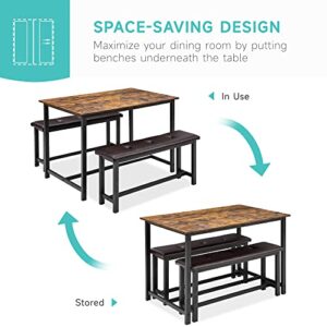 IDEALHOUSE Dining Room Table Set, 3 Piece Dining Table Set for 4 with 2 Benches, Kitchen Table Set with Heavy Duty Metal Frame, Rectangular Kitchen Table for Small Space, Apartment, Rustic Brown