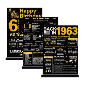 crenics black gold 60th birthday decorations for men women, 3 pieces back in 1963 birthday poster with stands, 1963 60th birthday gifts anniversary centerpieces party supplies