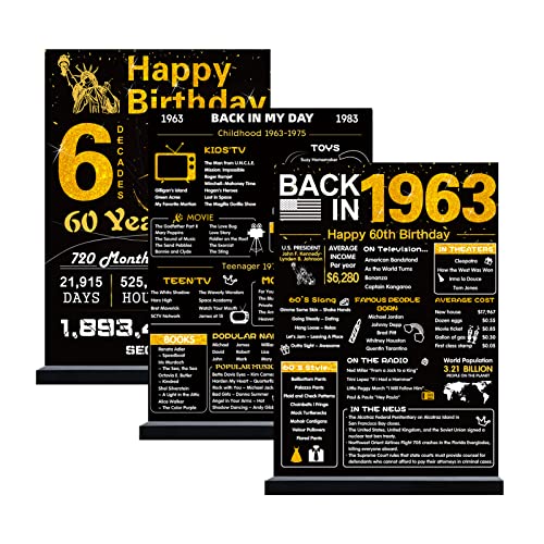 Crenics Black Gold 60th Birthday Decorations for Men Women, 3 Pieces Back in 1963 Birthday Poster with Stands, 1963 60th Birthday Gifts Anniversary Centerpieces Party Supplies