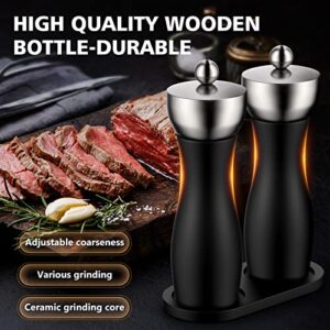 Pepper and Salt Grinder Set, Wooden Pepper Mill with Ceramic Mechanism, Solid and Durable Salt Grinders Suited for Sea Salt, Black Peppercorn (6'', Black Set of 2)