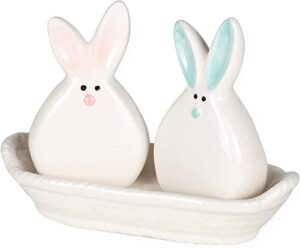 bunny couple salt and pepper shaker set with tray