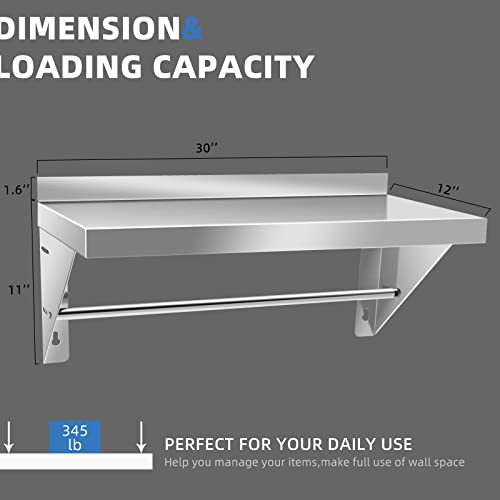 HXCFYP Stainless Steel Shelf 12 x 30 Inches 280 lb, NSF Commercial Wall Mount Floating Shelving for Restaurant, Kitchen, Home and Hotel