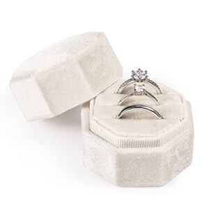 velvet ring box for wedding ceremony, 3 slots octagonal velvet jewelry ring box for proposal engagement wedding anniversary valentines day for holding 3 rings (beige)