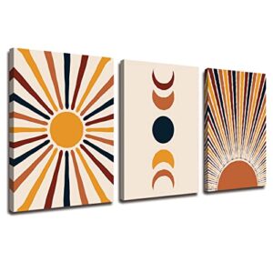 orange boho wall art sunrise and moon minimalist geometry abstract canvas wall art modern 3 pieces stretched and framed artwork canvas prints for home office bathroom bedroom wall decor 12″x16″x3