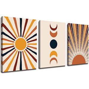 Orange Boho Wall Art Sunrise and Moon Minimalist Geometry Abstract Canvas Wall Art Modern 3 Pieces Stretched and Framed Artwork Canvas Prints for Home Office Bathroom Bedroom Wall Decor 12"x16"x3