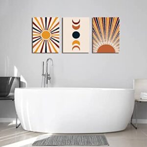 Orange Boho Wall Art Sunrise and Moon Minimalist Geometry Abstract Canvas Wall Art Modern 3 Pieces Stretched and Framed Artwork Canvas Prints for Home Office Bathroom Bedroom Wall Decor 12"x16"x3